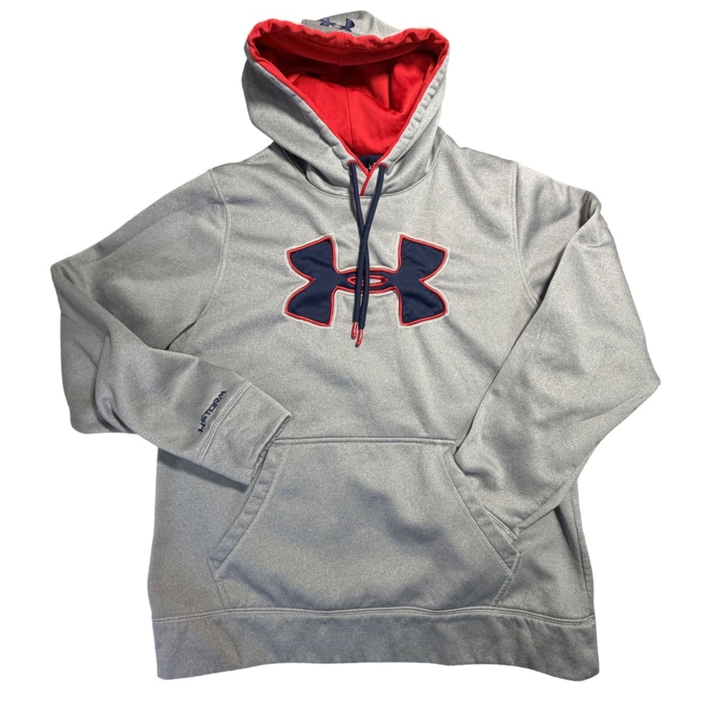 Under Armour Storm Hoodie Mens Medium Gray Navy Red Logo Pullover Sweatshirt